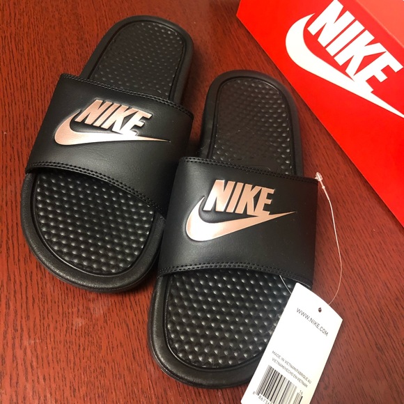 red gold nike slides